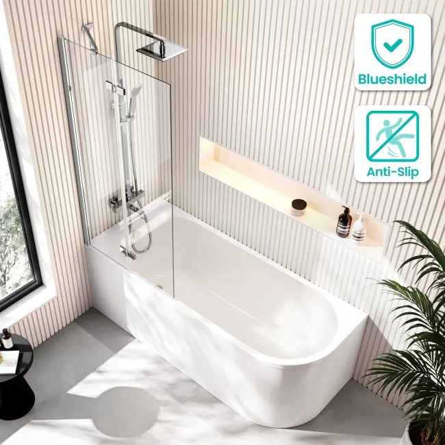 Turku 1700 Space Saving Shower Bath & 6mm Easy Clean Chrome Folding Bath Screen - Left Handed