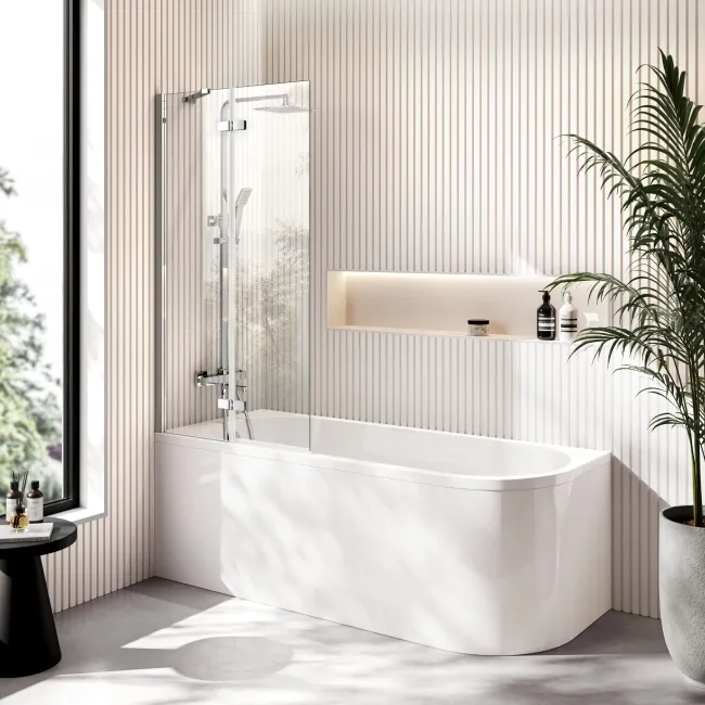 Turku 1700 Space Saving Shower Bath & 6mm Easy Clean Chrome Folding Bath Screen - Left Handed