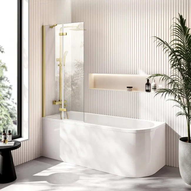 Turku 1700 Space Saving Shower Bath & 6mm Easy Clean Brushed Brass Folding Bath Screen - Left