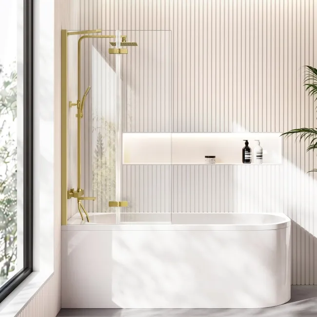 Turku 1700 Space Saving Shower Bath & 6mm Easy Clean Brushed Brass Folding Bath Screen - Left