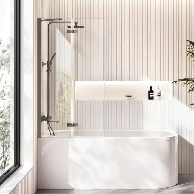 Turku 1700 Space Saving Shower Bath & 6mm Easy Clean Brushed Gunmetal Folding Bath Screen - Left