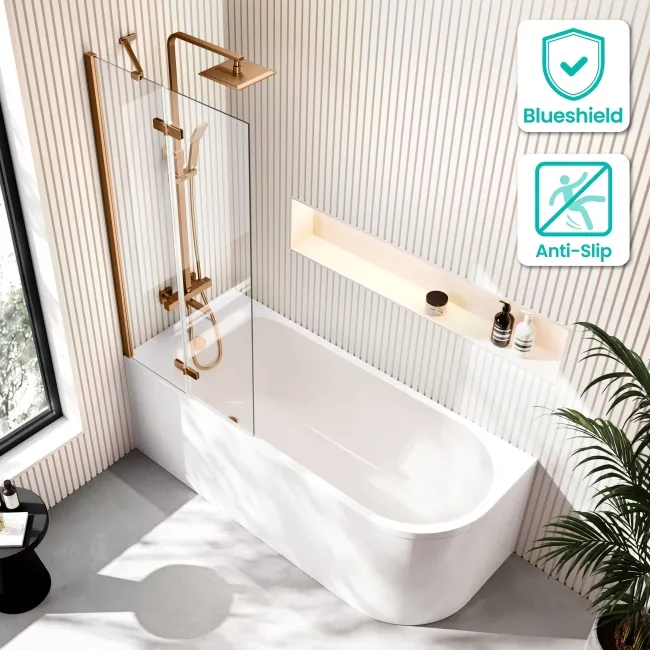 Turku 1700 Space Saving Shower Bath & 6mm Easy Clean Brushed Copper Folding Bath Screen - Left