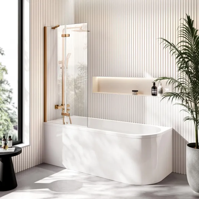 Turku 1700 Space Saving Shower Bath & 6mm Easy Clean Brushed Copper Folding Bath Screen - Left