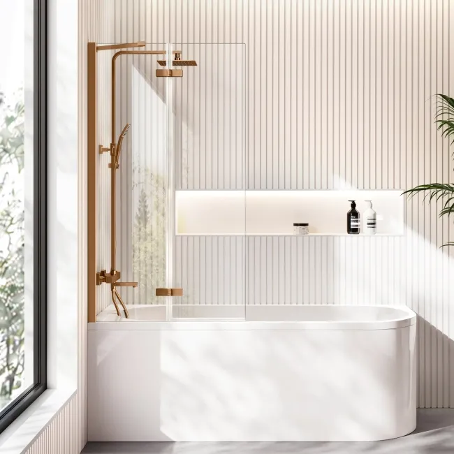 Turku 1700 Space Saving Shower Bath & 6mm Easy Clean Brushed Copper Folding Bath Screen - Left
