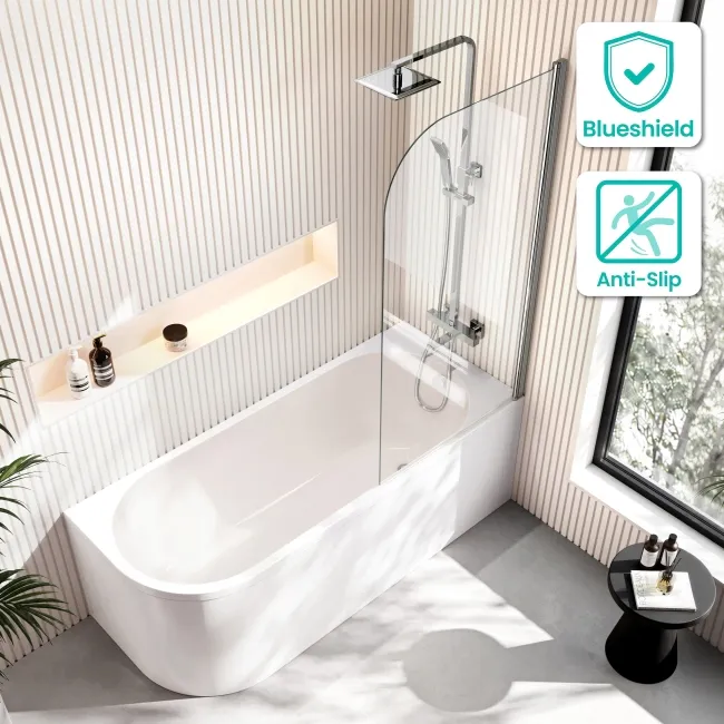 Turku 1700 Space Saving Shower Bath & 6mm Easy Clean Chrome Bath Screen - Right Handed