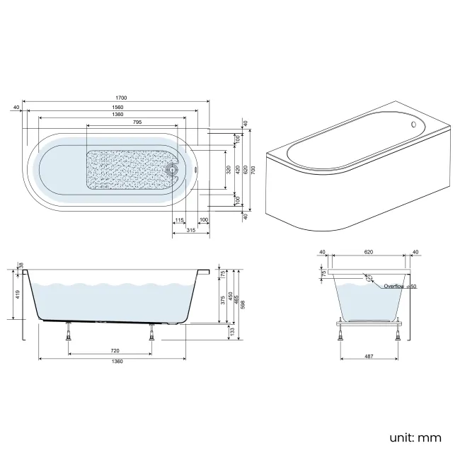 Turku 1700 Space Saving Shower Bath & 6mm Easy Clean Chrome Bath Screen - Right Handed