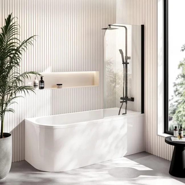 Turku 1700 Space Saving Shower Bath & 6mm Easy Clean Matt Black Bath Screen - Right Handed