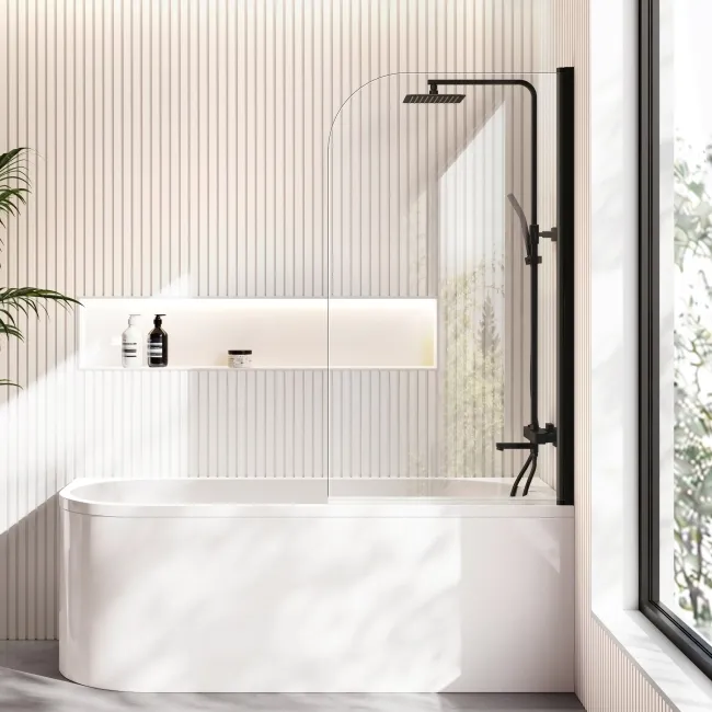 Turku 1700 Space Saving Shower Bath & 6mm Easy Clean Matt Black Bath Screen - Right Handed