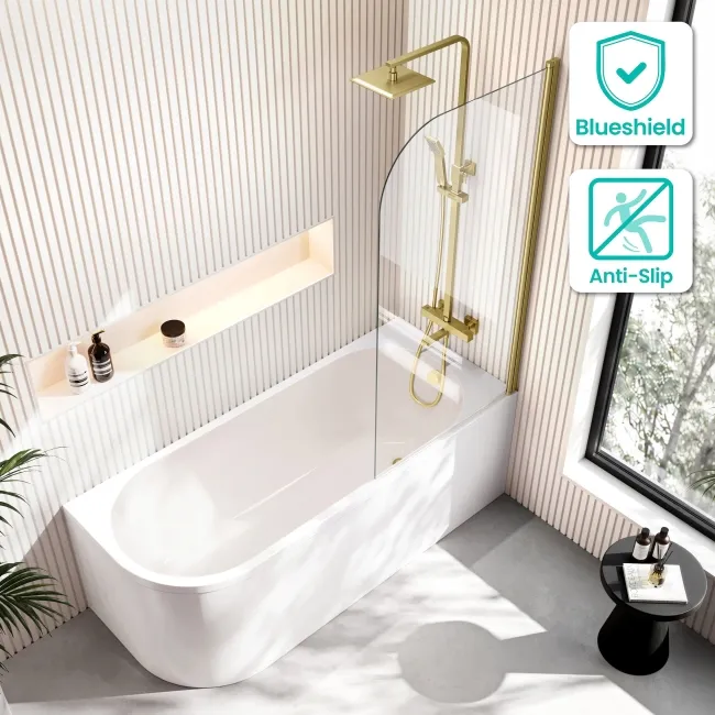 Turku 1700 Space Saving Shower Bath & 6mm Easy Clean Brushed Brass Bath Screen - Right Handed