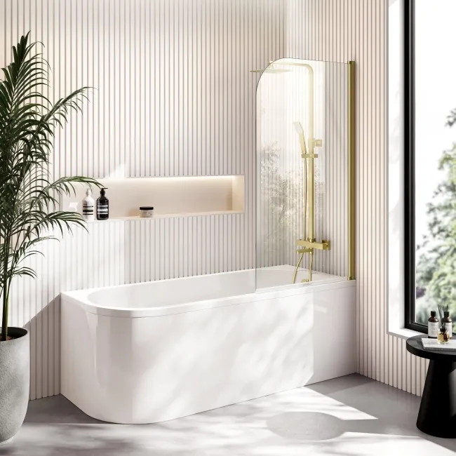 Turku 1700 Space Saving Shower Bath & 6mm Easy Clean Brushed Brass Bath Screen - Right Handed