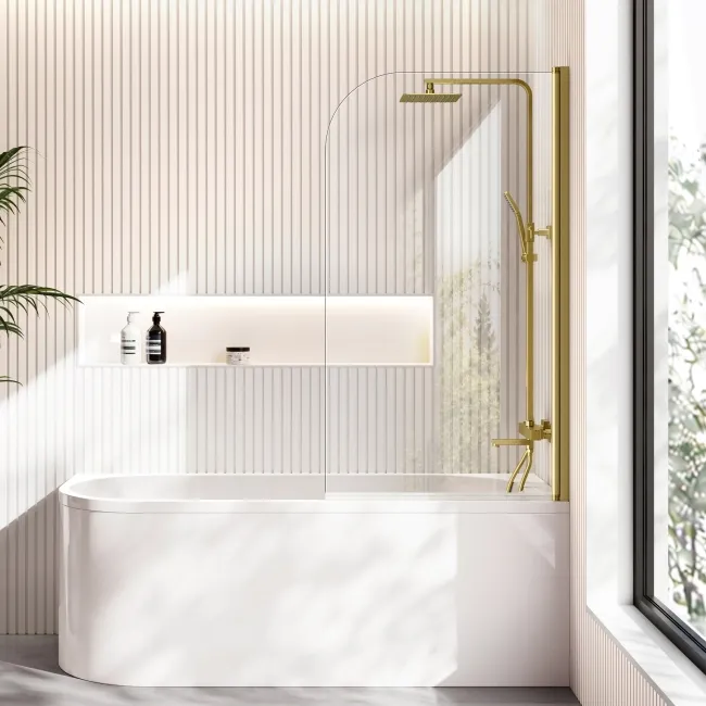 Turku 1700 Space Saving Shower Bath & 6mm Easy Clean Brushed Brass Bath Screen - Right Handed