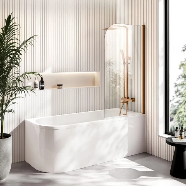 Turku 1700 Space Saving Shower Bath & 6mm Easy Clean Brushed Copper Bath Screen - Right Handed