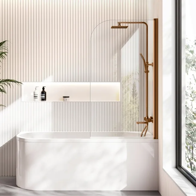 Turku 1700 Space Saving Shower Bath & 6mm Easy Clean Brushed Copper Bath Screen - Right Handed