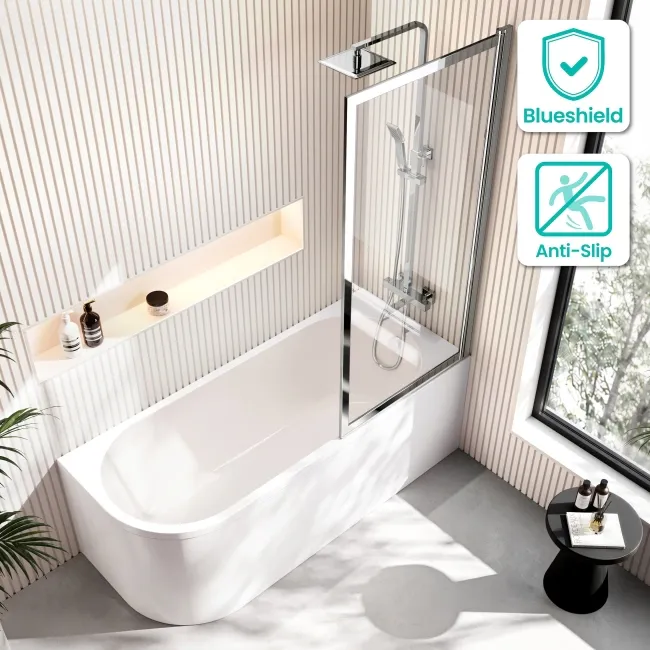 Turku 1700 Space Saving Shower Bath & Premium 8mm Easy Clean Chrome Framed Bath Screen - Right