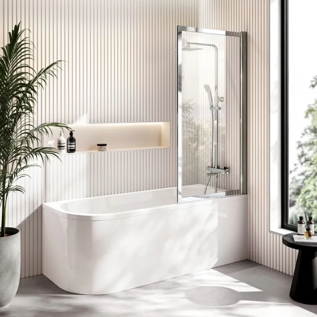 Turku 1700 Space Saving Shower Bath & Premium 8mm Easy Clean Chrome Framed Bath Screen - Right