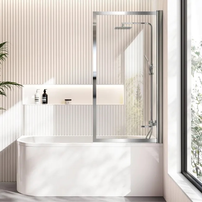 Turku 1700 Space Saving Shower Bath & Premium 8mm Easy Clean Chrome Framed Bath Screen - Right