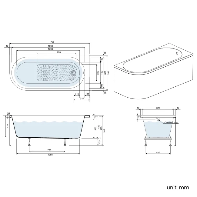 Turku 1700 Space Saving Shower Bath & Premium 8mm Easy Clean Chrome Framed Bath Screen - Right
