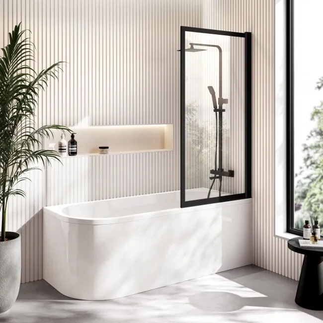 Turku 1700 Space Saving Shower Bath & Premium 8mm Easy Clean Matt Black Framed Bath Screen - Right