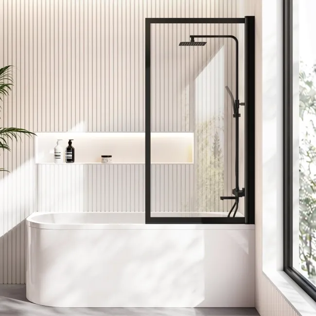 Turku 1700 Space Saving Shower Bath & Premium 8mm Easy Clean Matt Black Framed Bath Screen - Right