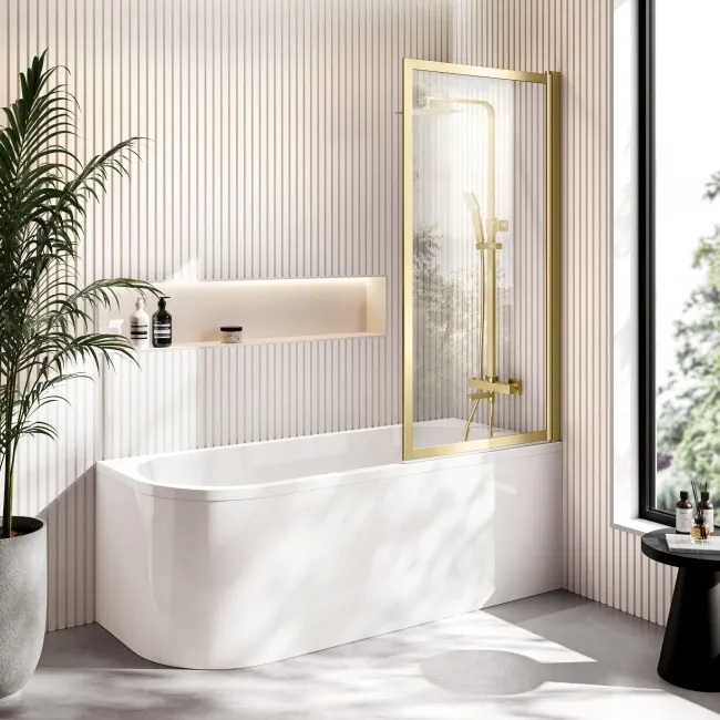 Turku 1700 Space Saving Shower Bath & Premium 8mm Brushed Brass Framed Bath Screen - Right