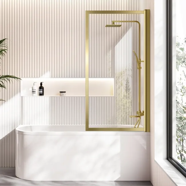 Turku 1700 Space Saving Shower Bath & Premium 8mm Brushed Brass Framed Bath Screen - Right