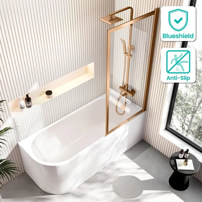 Turku 1700 Space Saving Shower Bath & Premium 8mm Brushed Copper Framed Bath Screen - Right