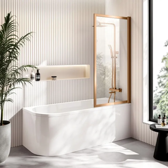 Turku 1700 Space Saving Shower Bath & Premium 8mm Brushed Copper Framed Bath Screen - Right