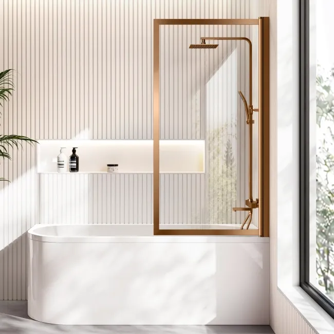 Turku 1700 Space Saving Shower Bath & Premium 8mm Brushed Copper Framed Bath Screen - Right