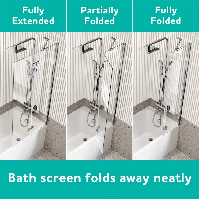 Turku 1700 Space Saving Shower Bath & 6mm Easy Clean Chrome Folding Bath Screen - Right Handed
