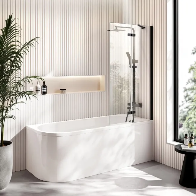 Turku 1700 Space Saving Shower Bath & 6mm Easy Clean Matt Black Folding Bath Screen - Right Handed