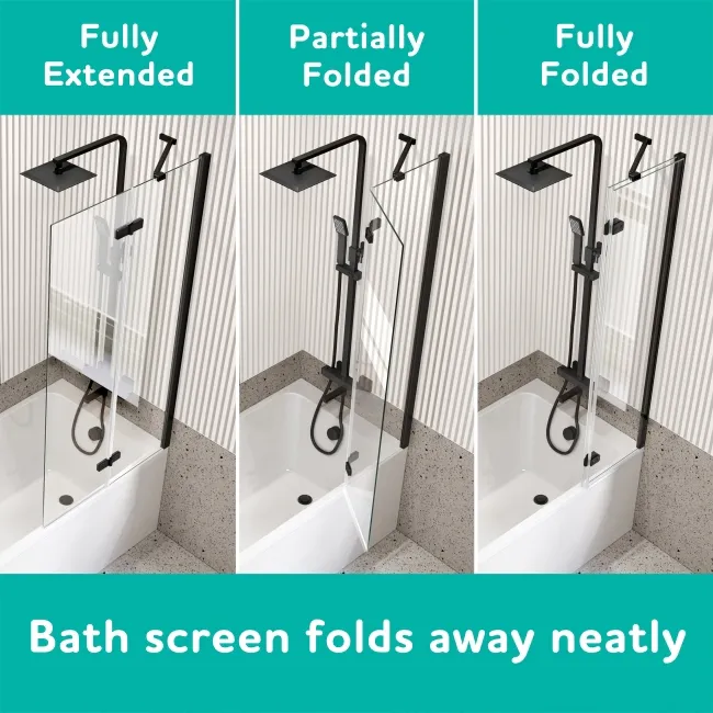Turku 1700 Space Saving Shower Bath & 6mm Easy Clean Matt Black Folding Bath Screen - Right Handed