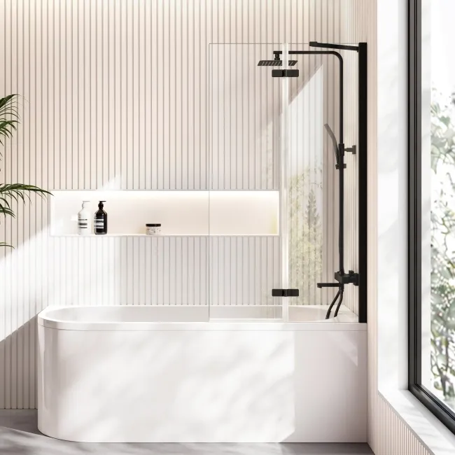Turku 1700 Space Saving Shower Bath & 6mm Easy Clean Matt Black Folding Bath Screen - Right Handed