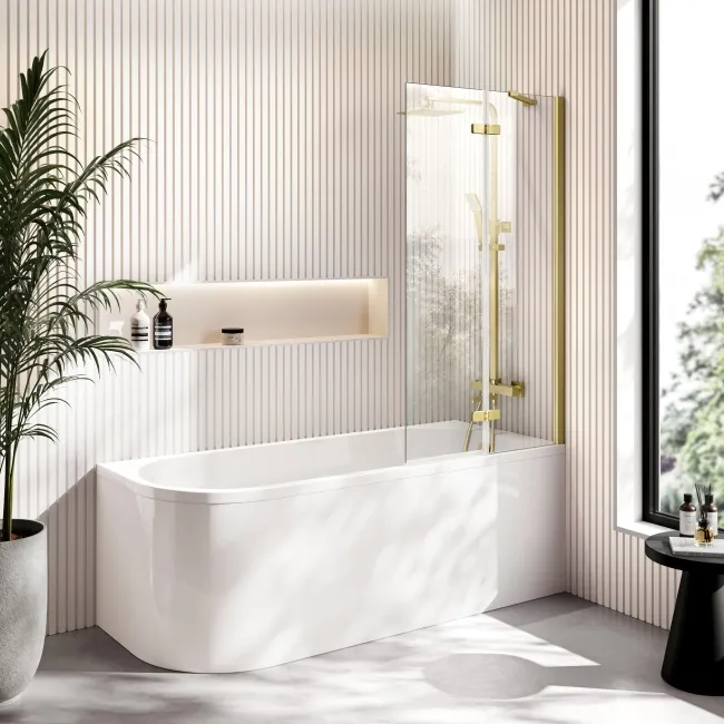 Turku 1700 Space Saving Shower Bath & 6mm Easy Clean Brushed Brass Folding Bath Screen - Right