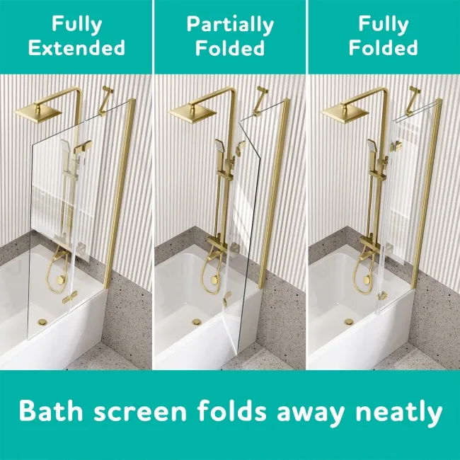 Turku 1700 Space Saving Shower Bath & 6mm Easy Clean Brushed Brass Folding Bath Screen - Right