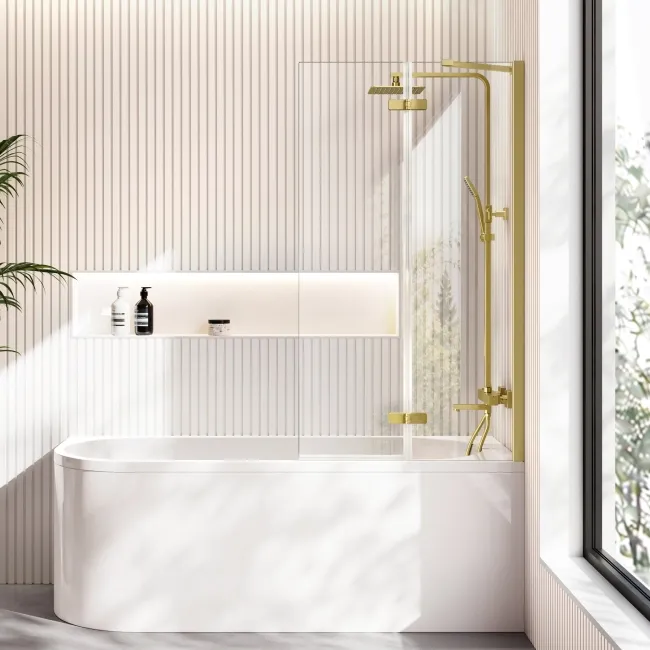 Turku 1700 Space Saving Shower Bath & 6mm Easy Clean Brushed Brass Folding Bath Screen - Right