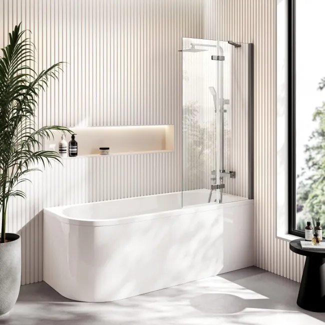 Turku 1700 Space Saving Shower Bath & 6mm Easy Clean Brushed Gunmetal Folding Bath Screen - Right