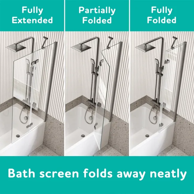 Turku 1700 Space Saving Shower Bath & 6mm Easy Clean Brushed Gunmetal Folding Bath Screen - Right