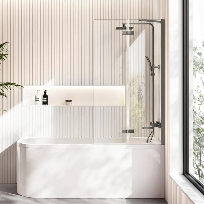 Turku 1700 Space Saving Shower Bath & 6mm Easy Clean Brushed Gunmetal Folding Bath Screen - Right
