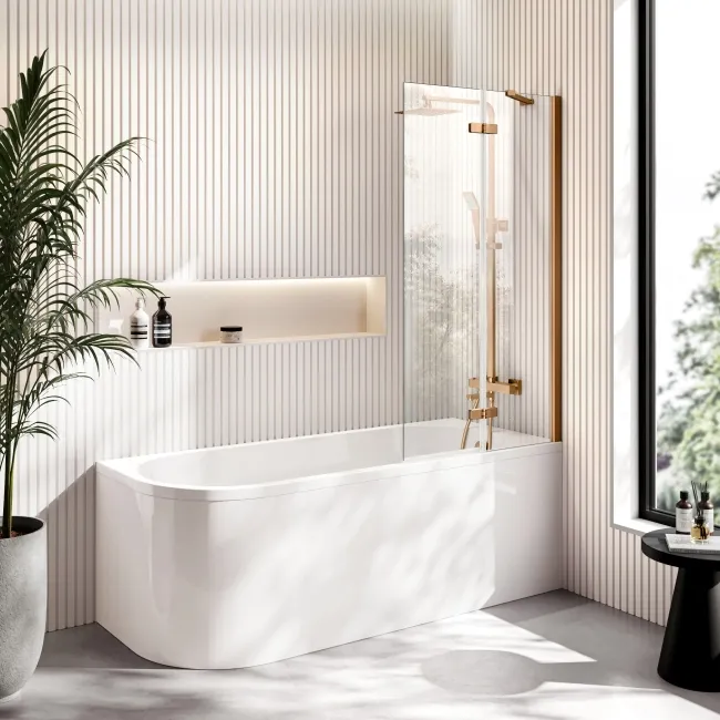 Turku 1700 Space Saving Shower Bath & 6mm Easy Clean Brushed Copper Folding Bath Screen - Right
