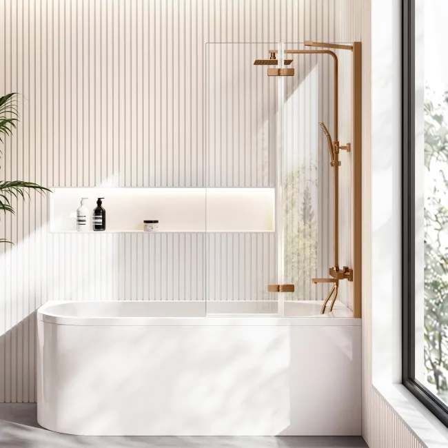 Turku 1700 Space Saving Shower Bath & 6mm Easy Clean Brushed Copper Folding Bath Screen - Right
