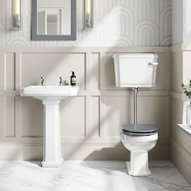 Hudson Traditional Low-Level Toilet With Dove Grey Seat & Pedestal Basin - Double Tap Hole