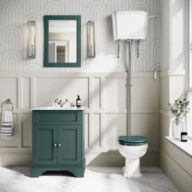 Hudson Traditional Toilet With High-Level Cistern and Midnight Green Wooden Seat