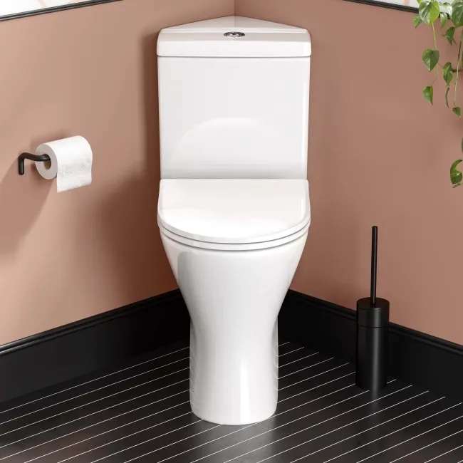 Orlando Rimless Comfort Height Close Coupled Corner Toilet With Soft Close Slim Seat