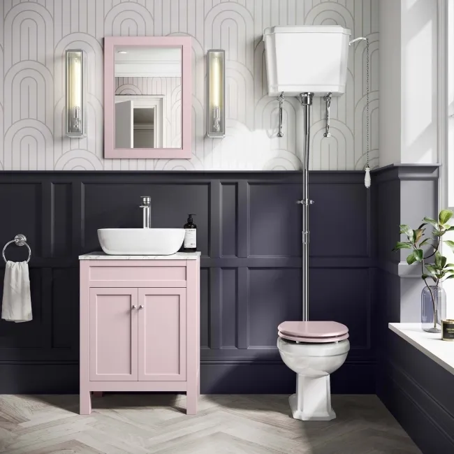 Hudson Traditional Toilet With High-Level Cistern and Cashmere Pink Wooden Seat