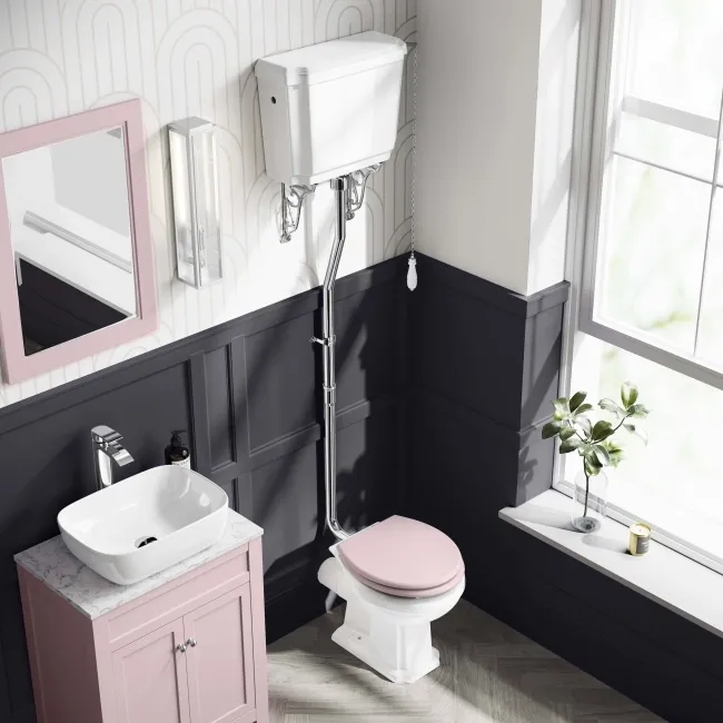 Hudson Traditional Toilet With High-Level Cistern and Cashmere Pink Wooden Seat