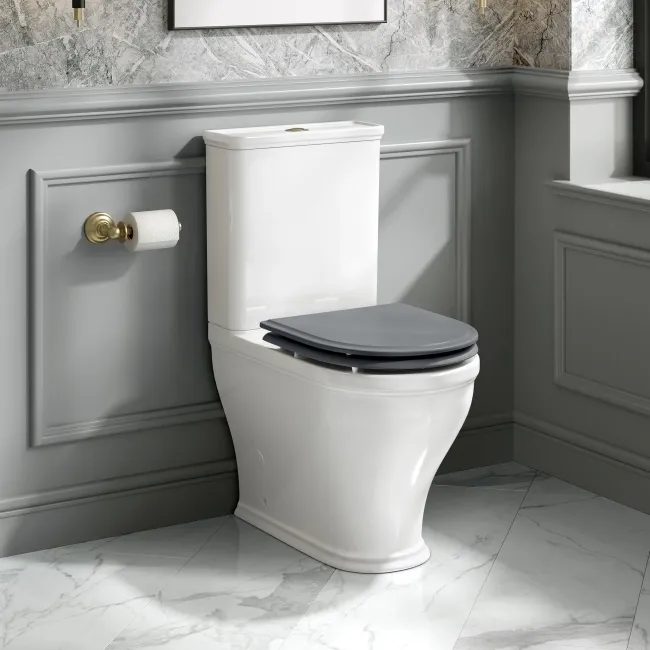 Kansas Traditional Rimless Close Coupled Toilet With Dove Grey Wooden Seat - Brushed Brass Hinges