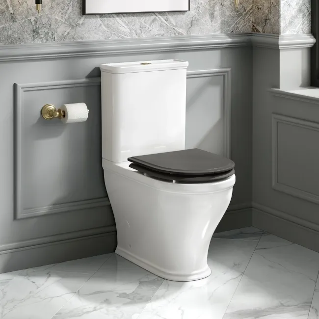 Kansas Traditional Rimless Close Coupled Toilet With Graphite Grey Wooden Seat Brushed Brass Hinges
