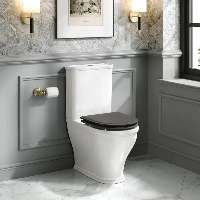 Kansas Traditional Rimless Close Coupled Toilet With Graphite Grey Wooden Seat Brushed Brass Hinges