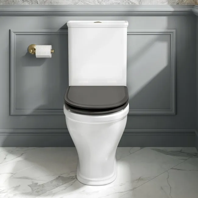 Kansas Traditional Rimless Close Coupled Toilet With Graphite Grey Wooden Seat Brushed Brass Hinges