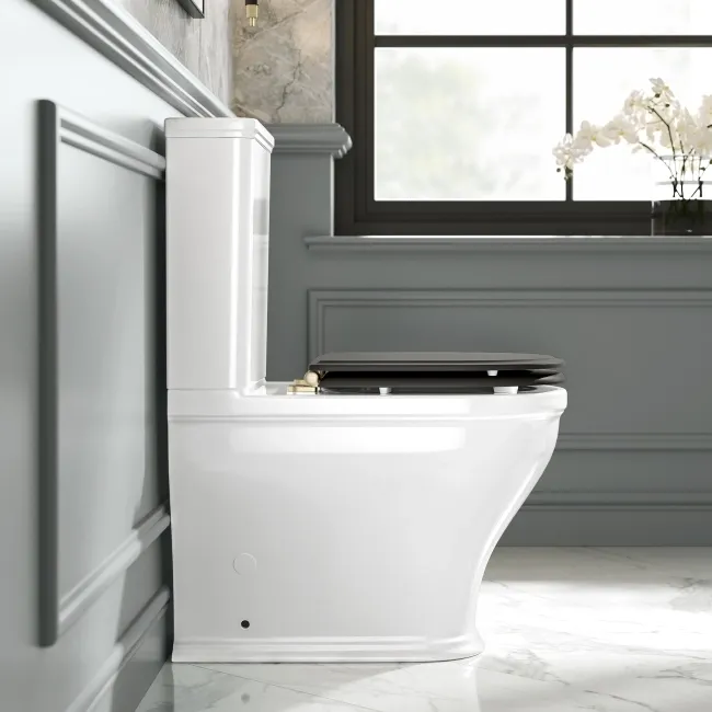 Kansas Traditional Rimless Close Coupled Toilet With Graphite Grey Wooden Seat Brushed Brass Hinges